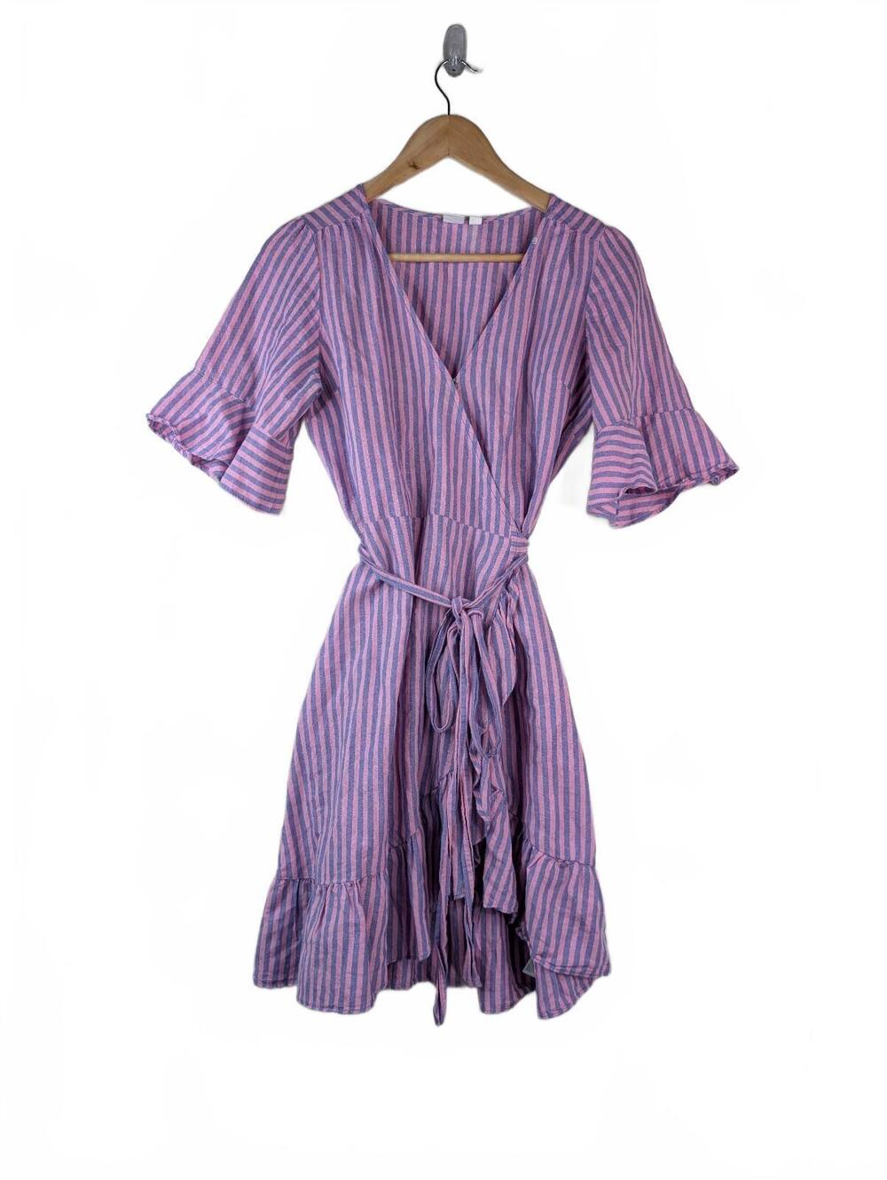 GAP‎ Petite Pink and Lilac Striped Linen Blend Wrap Dress Size S Petite